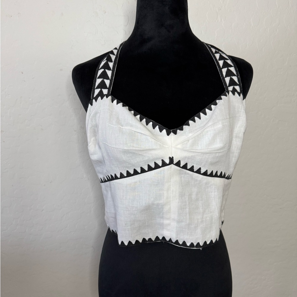 Mo Maya- Tara White Linen Crop Halter Top with Black Trim Detailing
